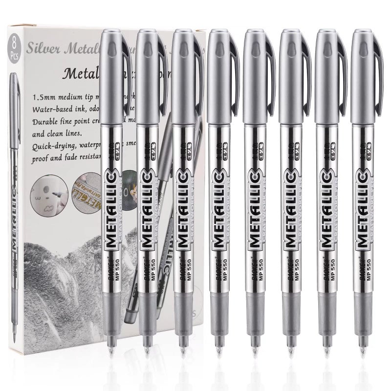LOONENG Silver Permanent Marker, Fine Point, Acid Free, Non-Toxic Ink, Quick Drying, Ideal for Adult Coloring, Crafts, Gift Cards, Fabric, Photo Albums, 8 Count - Image 1